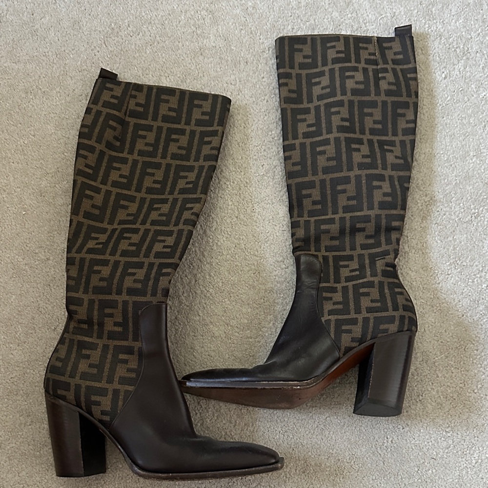 Fendi Brown FF Logo Knee-High Heeled Boots